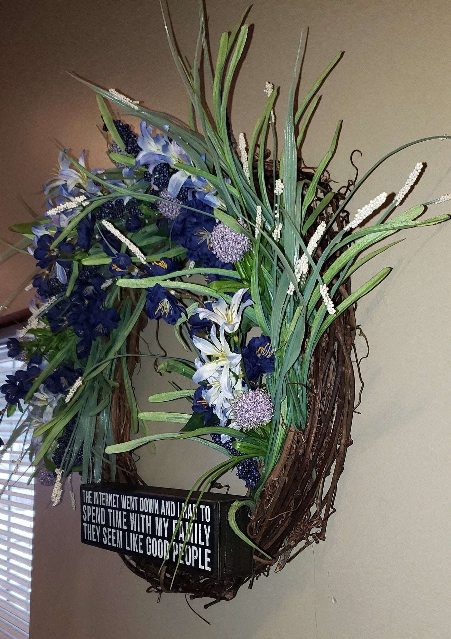 Whimsical Grapevine Wreath with Purple Florals