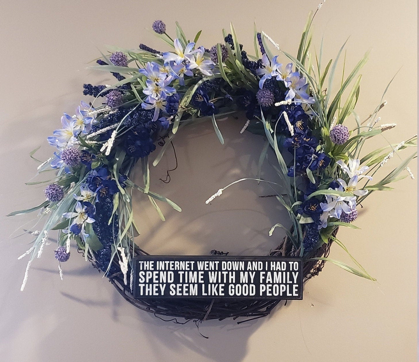 Whimsical Grapevine Wreath with Purple Florals