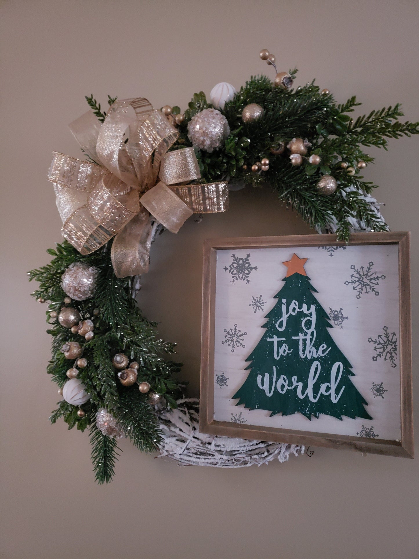 Joy to the World Frosted Grapevine Wreath