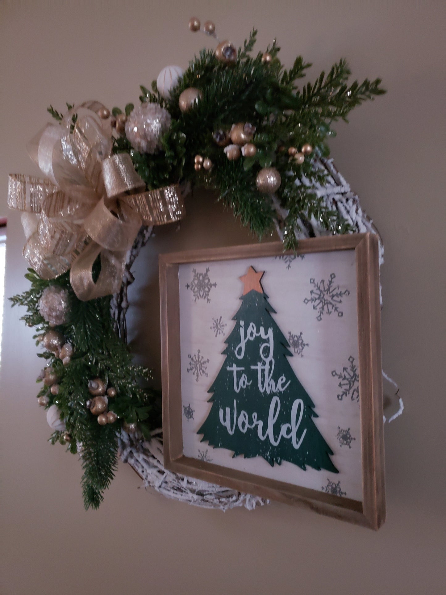 Joy to the World Frosted Grapevine Wreath