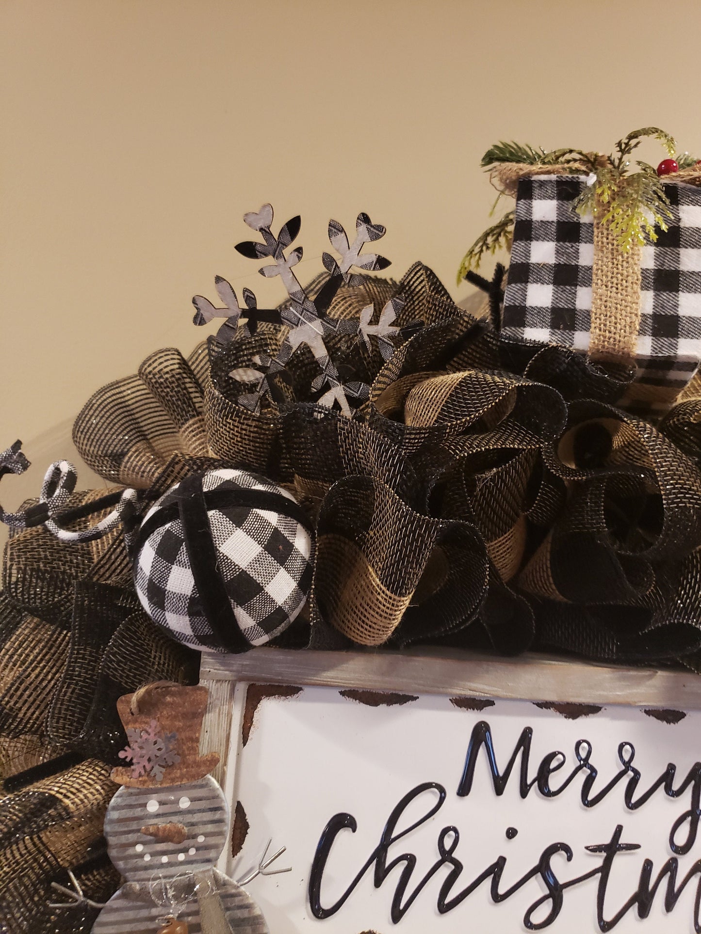 Tan and Black Buffalo Plaid Santa Christmas Wreath