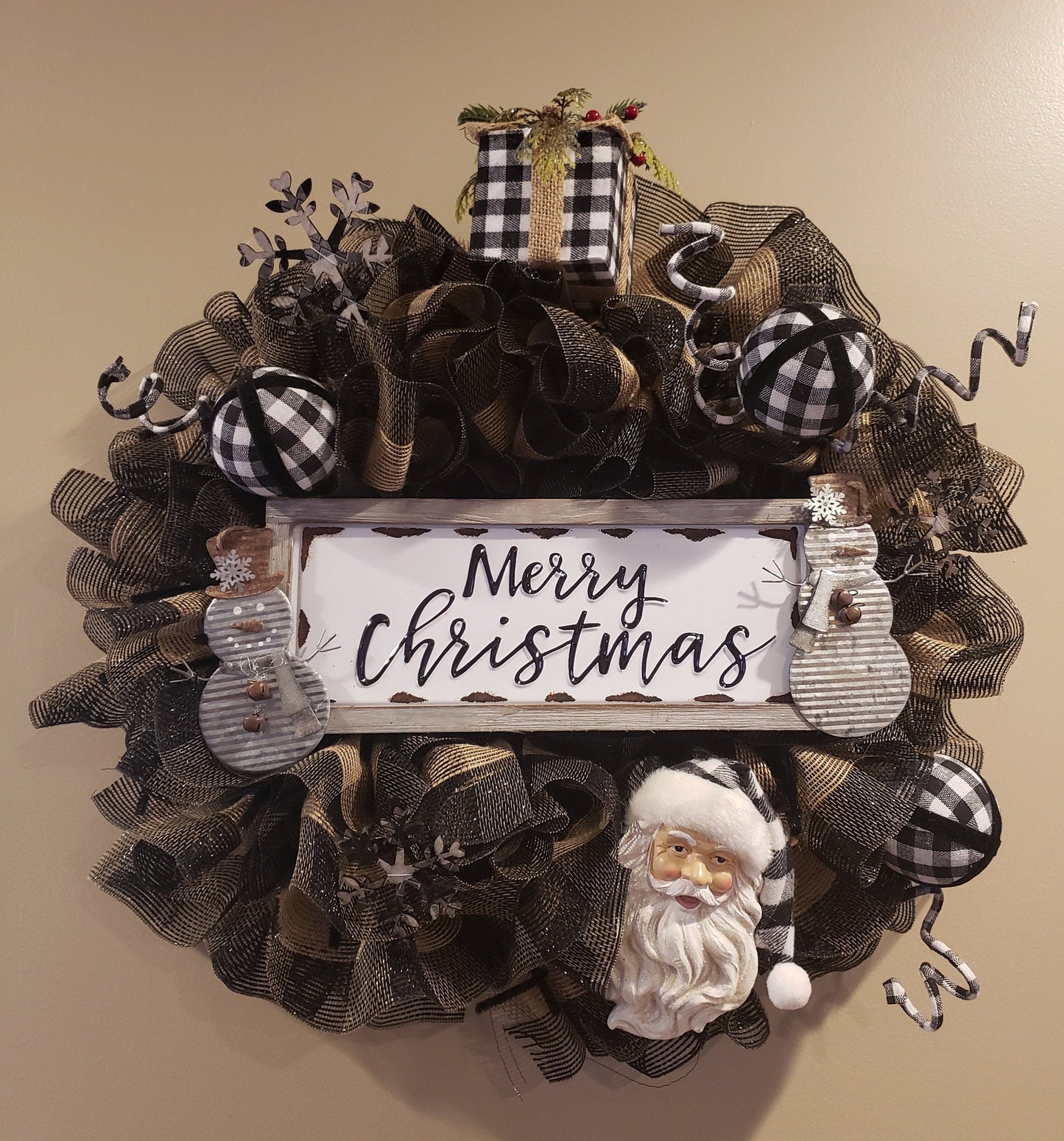 Tan and Black Buffalo Plaid Santa Christmas Wreath