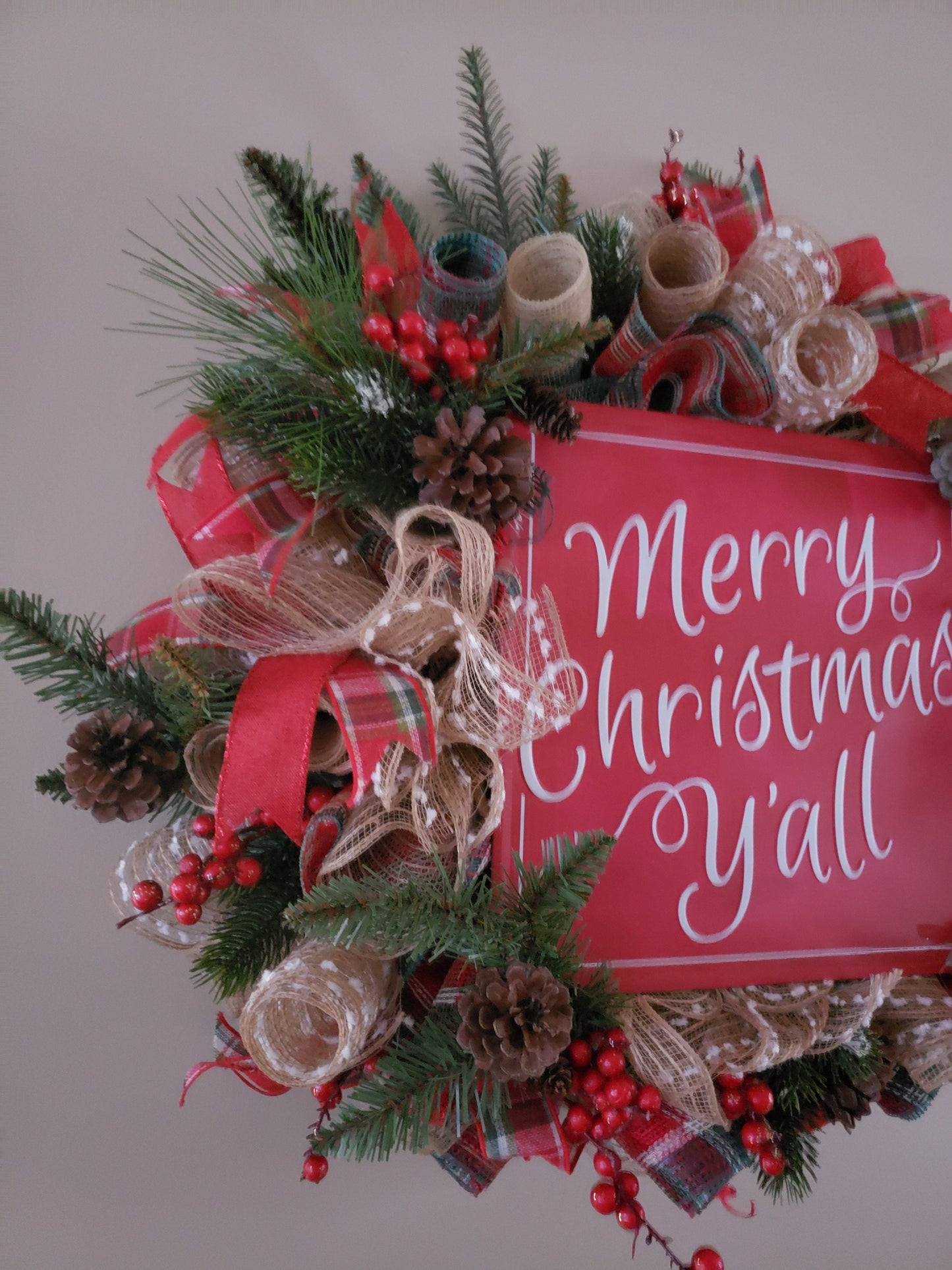 Merry Christmas Y'all Mesh & Evergreen Wreath