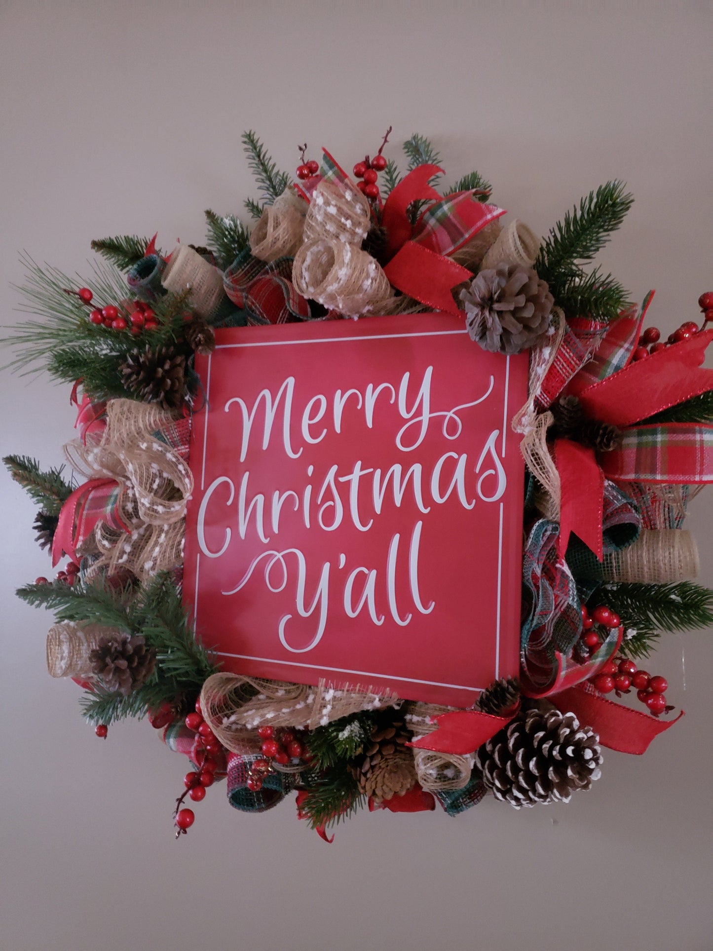 Merry Christmas Y'all Mesh & Evergreen Wreath