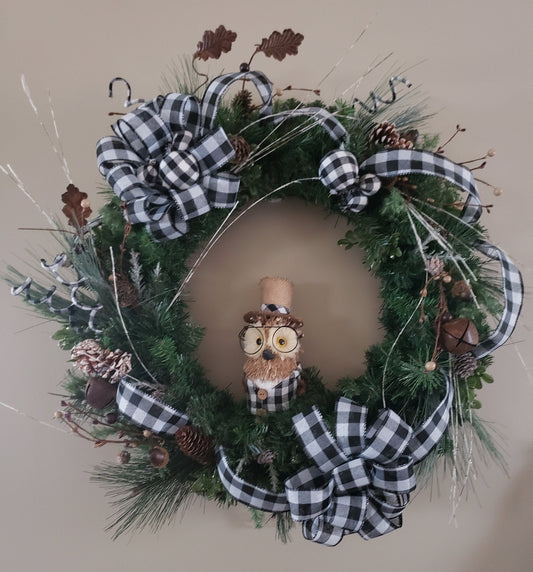 Winter Woodsy Owl Buffalo Plaid Grapevine Wreath Wreath