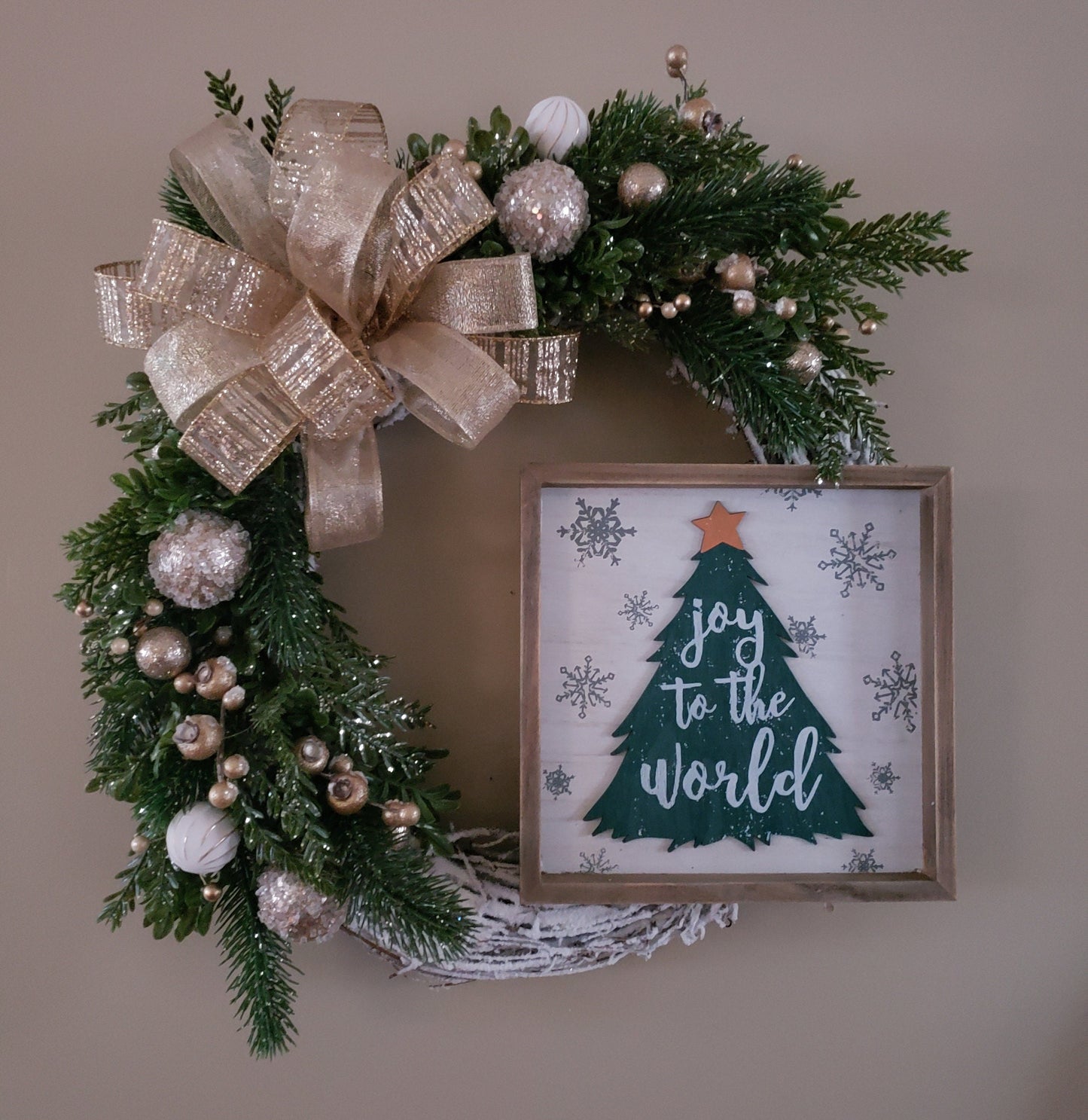 Joy to the World Frosted Grapevine Wreath