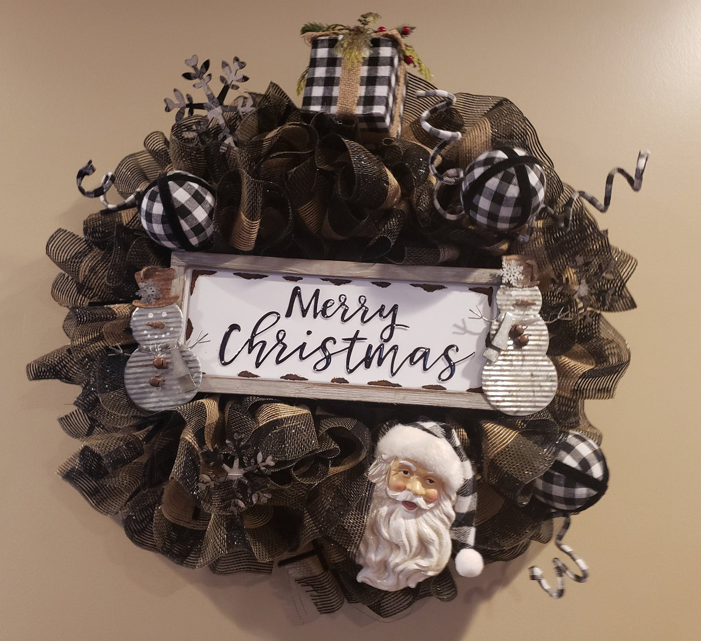 Tan and Black Buffalo Plaid Santa Christmas Wreath