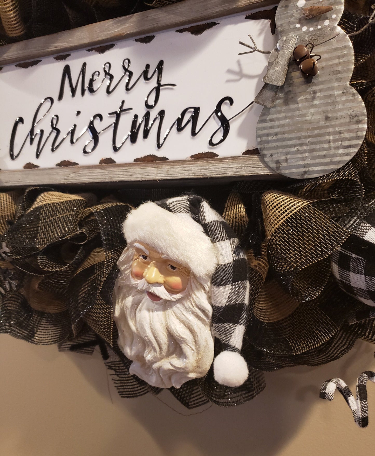 Tan and Black Buffalo Plaid Santa Christmas Wreath