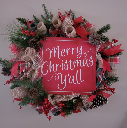 Merry Christmas Y'all Mesh & Evergreen Wreath