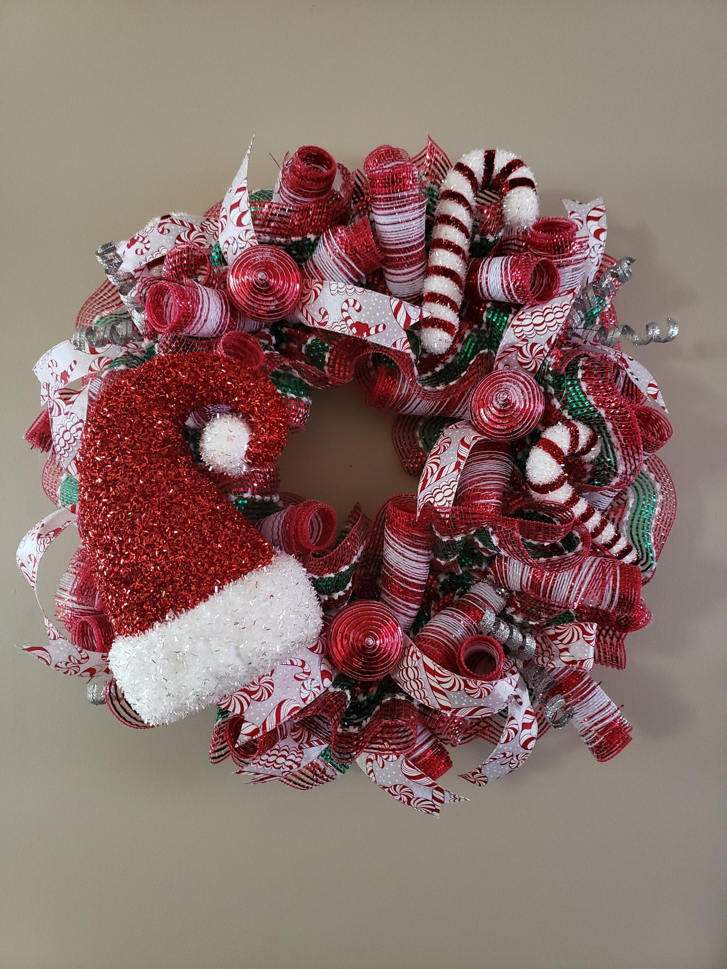 Santa Hat and Candy Cane Deco Mesh Wreath