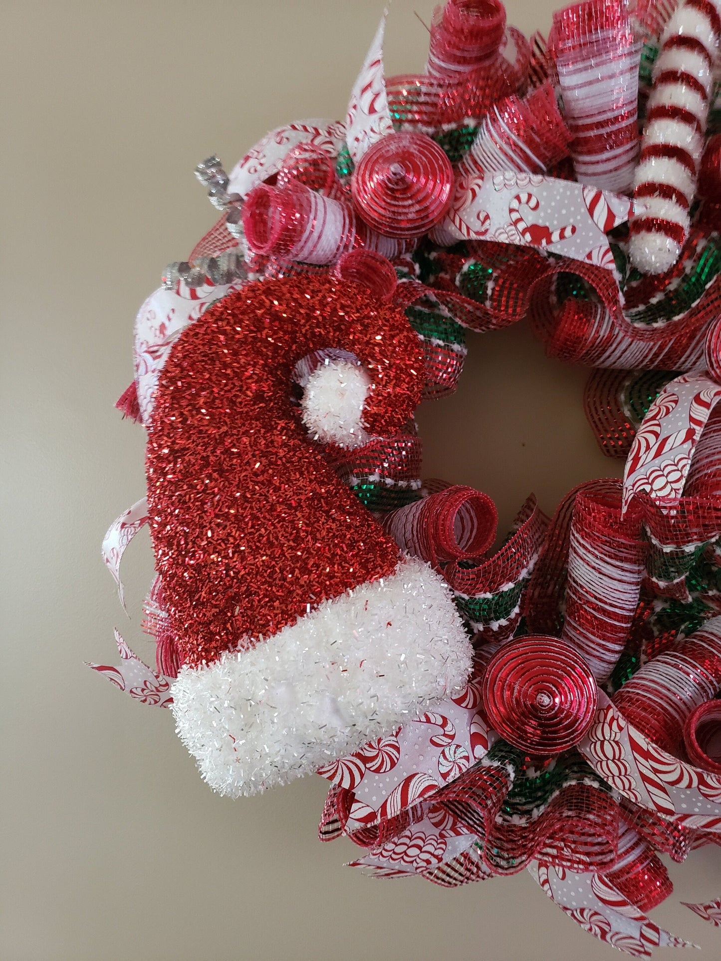 Santa Hat and Candy Cane Deco Mesh Wreath