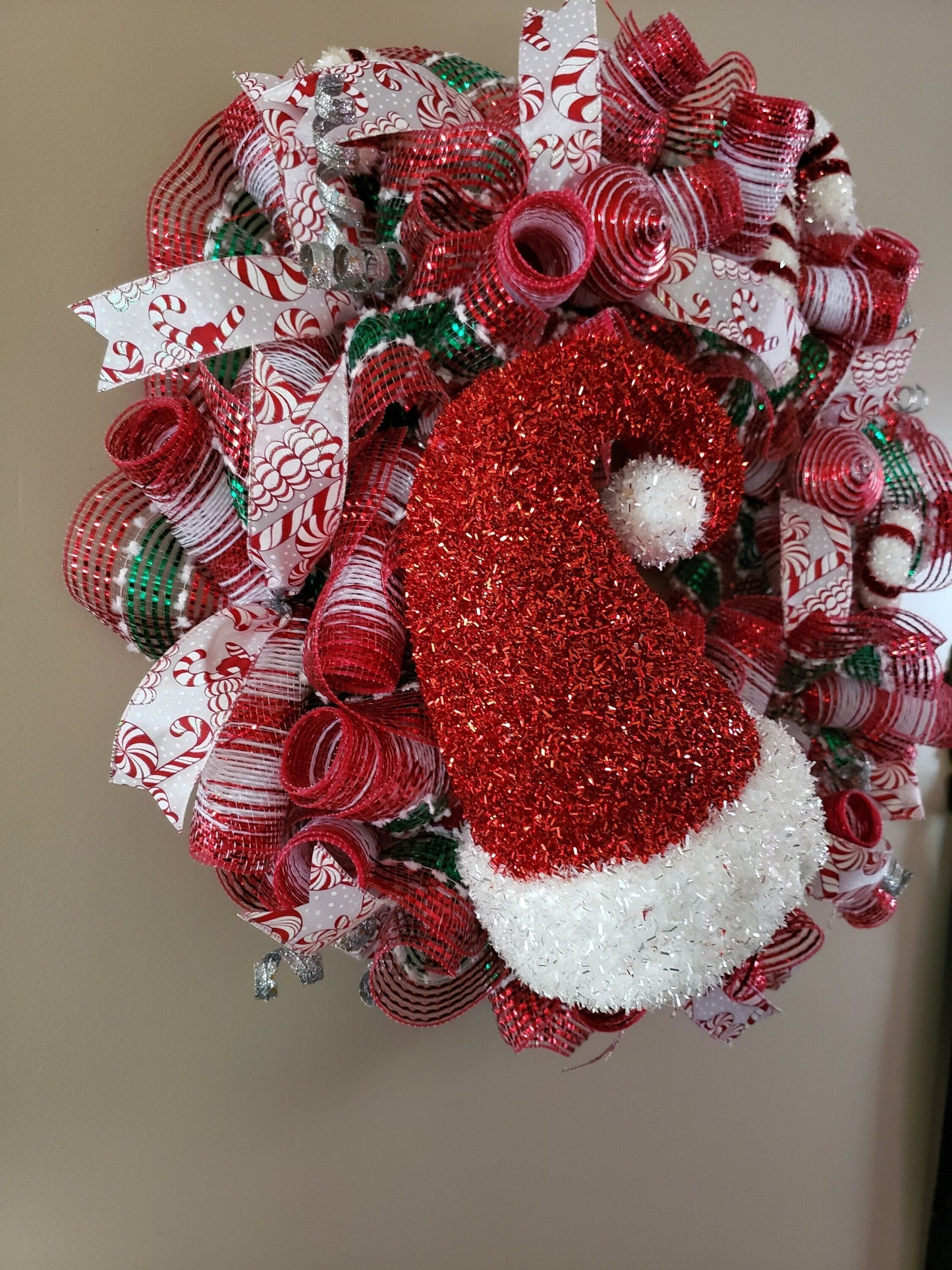 Santa Hat and Candy Cane Deco Mesh Wreath