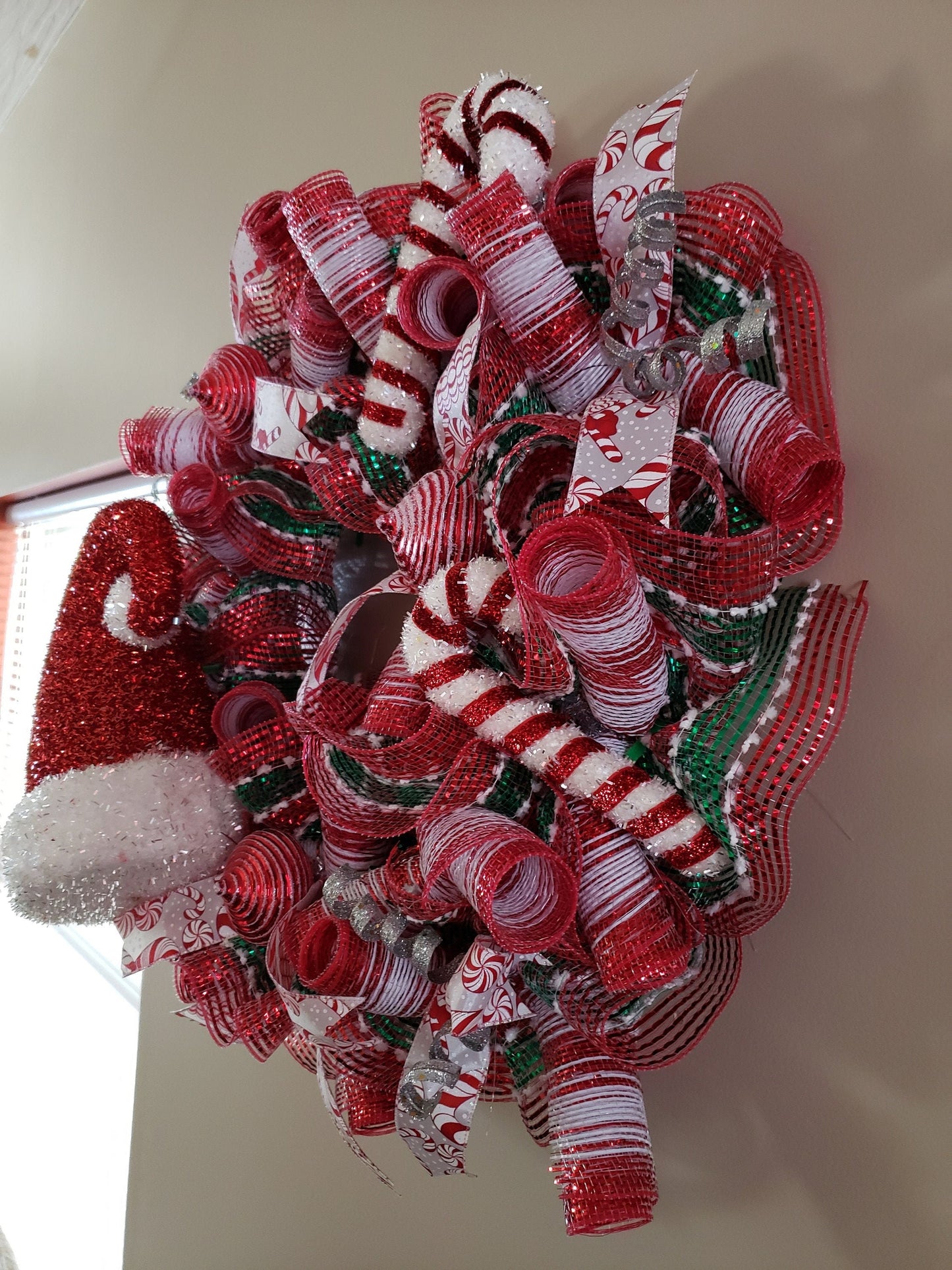 Santa Hat and Candy Cane Deco Mesh Wreath