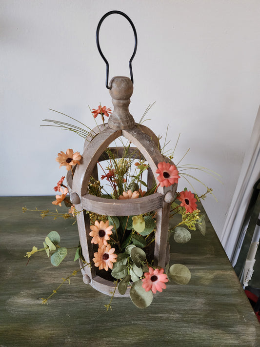 Peach & Orange Wildflower Rustic Wooden Lantern