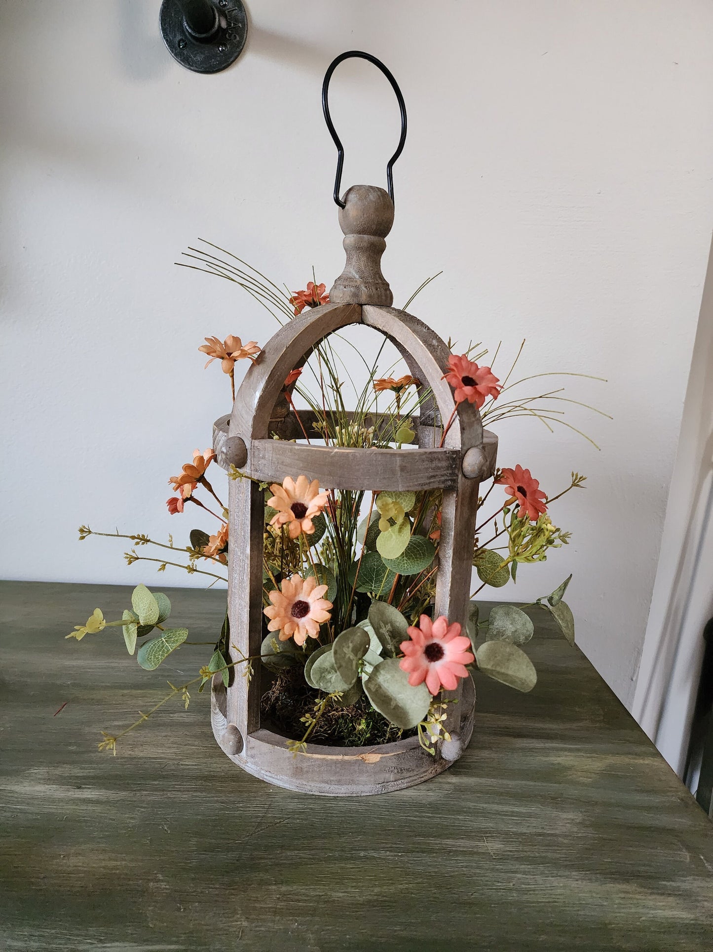 Peach & Orange Wildflower Rustic Wooden Lantern