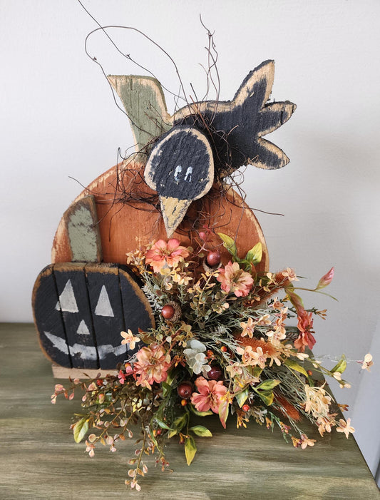 Chunky Wooden Pumpkin and Crow Arrangement