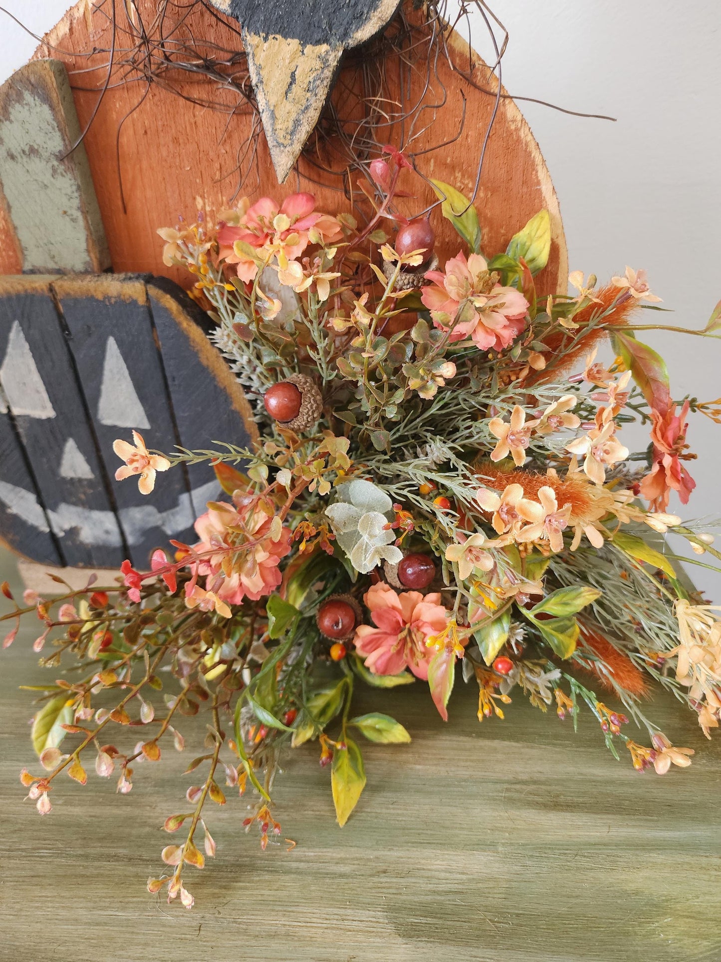 Chunky Wooden Pumpkin and Crow Arrangement